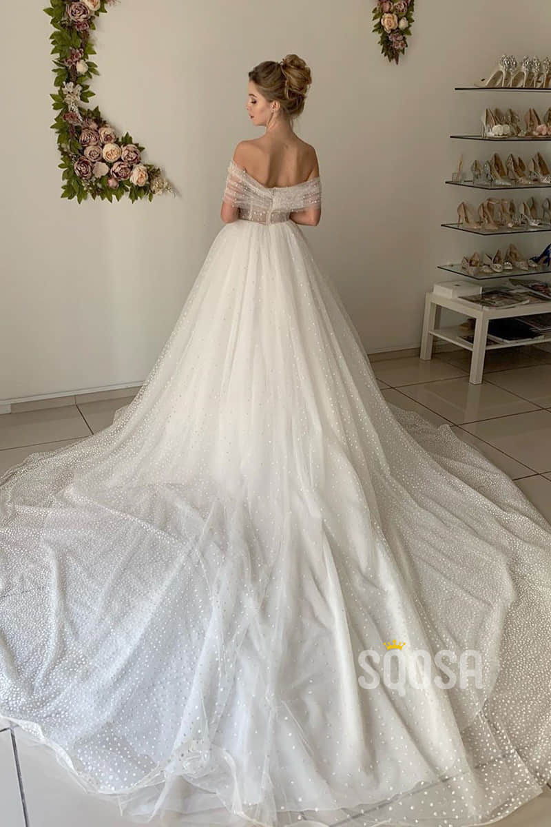 A-line Off-the-Shoulder Chic Tulle Pearls Rustic Wedding Dress Bridal Gown QW2148|SQOSA