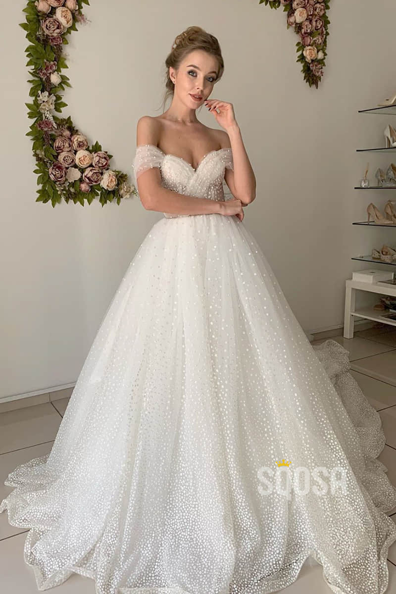 A-line Off-the-Shoulder Chic Tulle Pearls Rustic Wedding Dress Bridal Gown QW2148|SQOSA