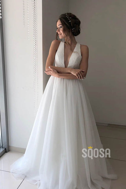 A-line Attractive V-neck Beaded Rustic Wedding Dress Bridal Gown QW2150|SQOSA