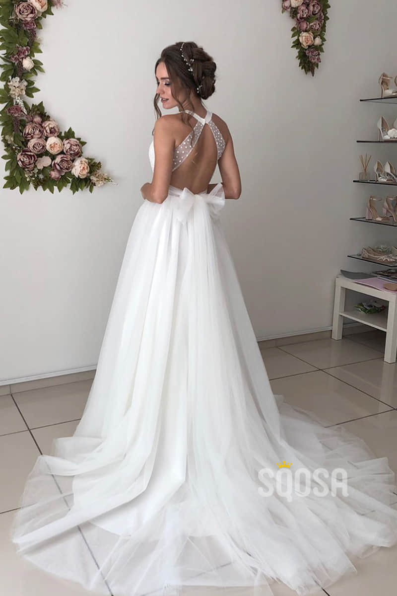 A-line Attractive V-neck Beaded Rustic Wedding Dress Bridal Gown QW2150|SQOSA