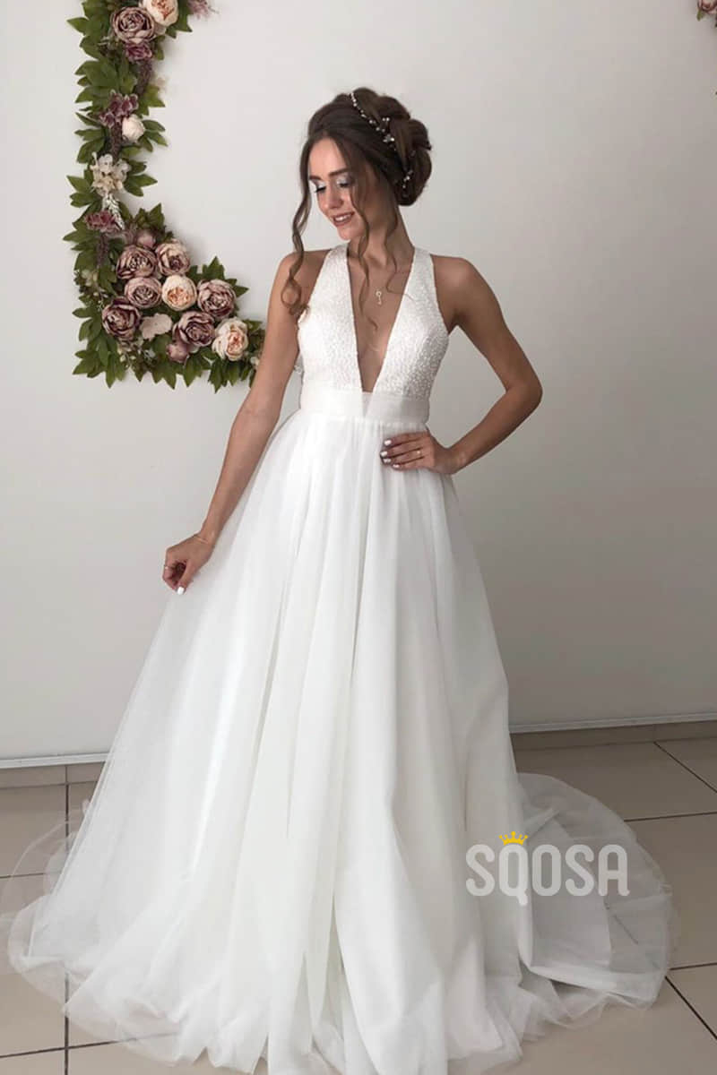 A-line Attractive V-neck Beaded Rustic Wedding Dress Bridal Gown QW2150|SQOSA