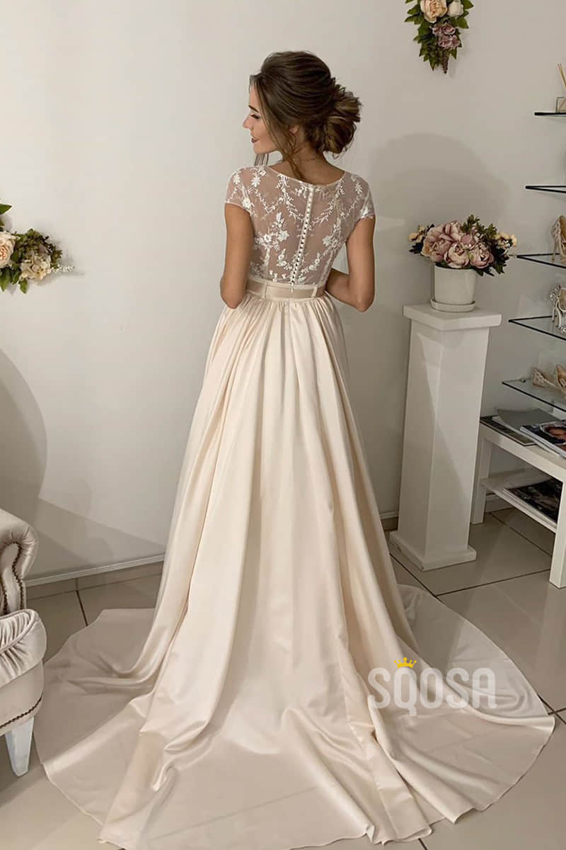 A-line Lace Top Short Sleeves Champagne Wedding Dress Bridal Gown QW2152|SQOSA