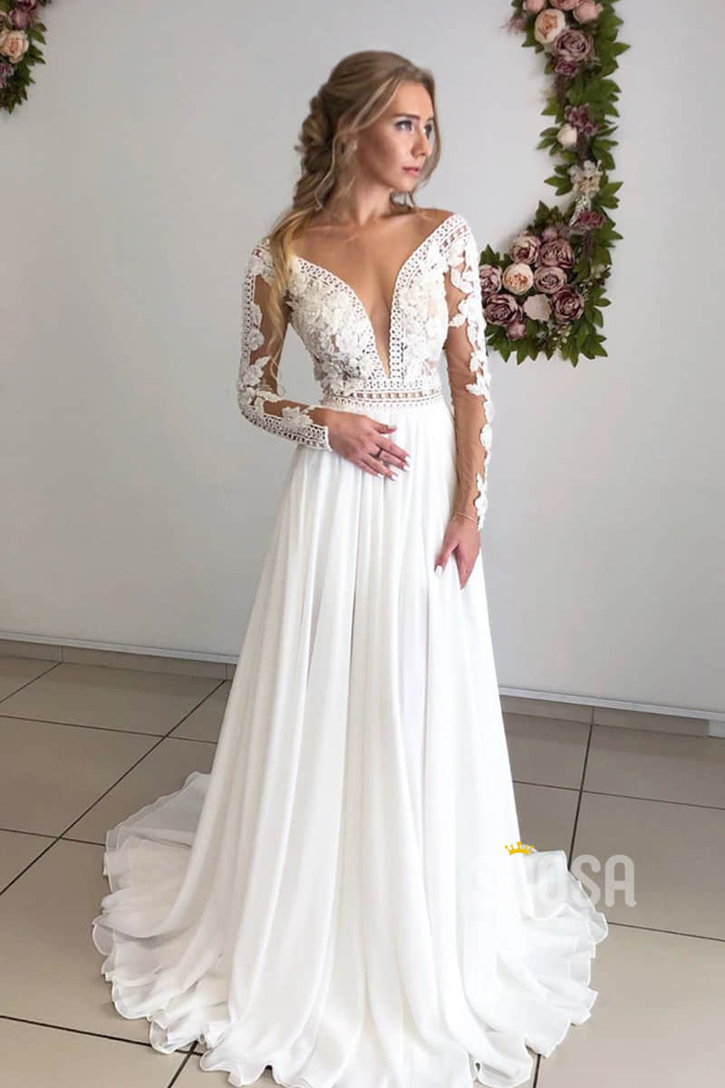 A-line Attractive V-neck Appliques Long Sleeves Bohemian Wedding Dress Bridal Gown QW2153|SQOSA