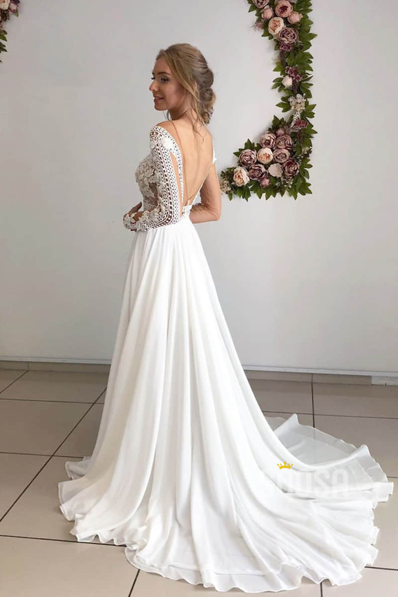 A-line Attractive V-neck Appliques Long Sleeves Bohemian Wedding Dress Bridal Gown QW2153|SQOSA