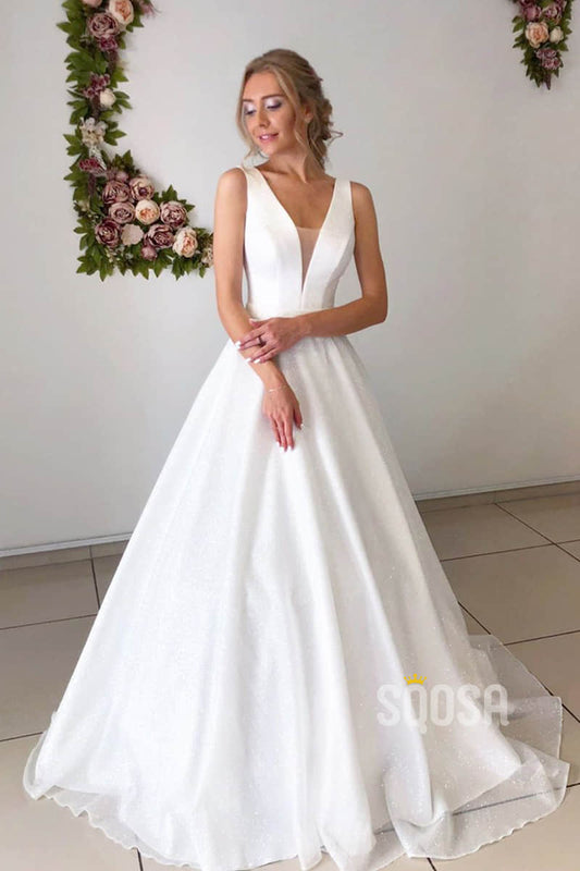 A-line Attractive V-neck Simple Wedding Dress Rustic Wedding Gown QW2157|SQOSA