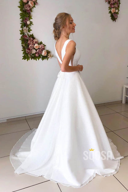 A-line Attractive V-neck Simple Wedding Dress Rustic Wedding Gown QW2157|SQOSA