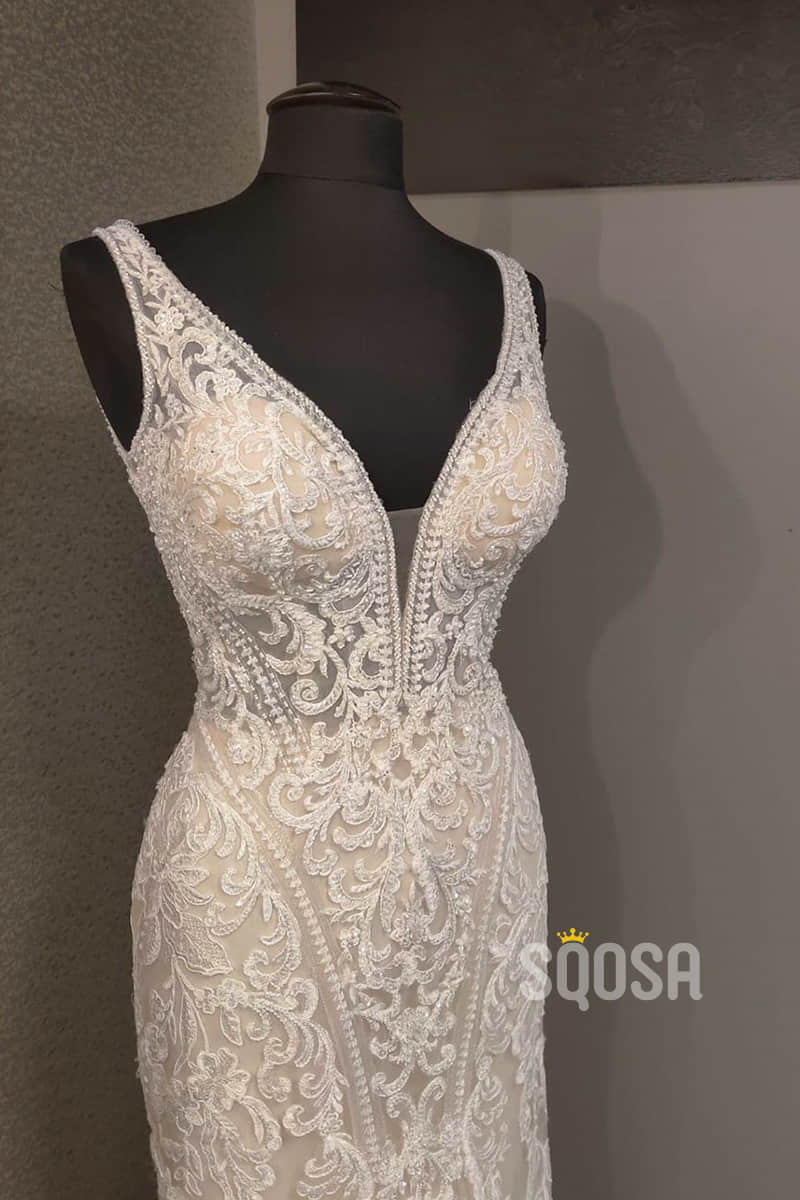 Unique V-neck Lace Appliques Beaded Mermaid/Trumpet Wedding Dress QW2173|SQOSA