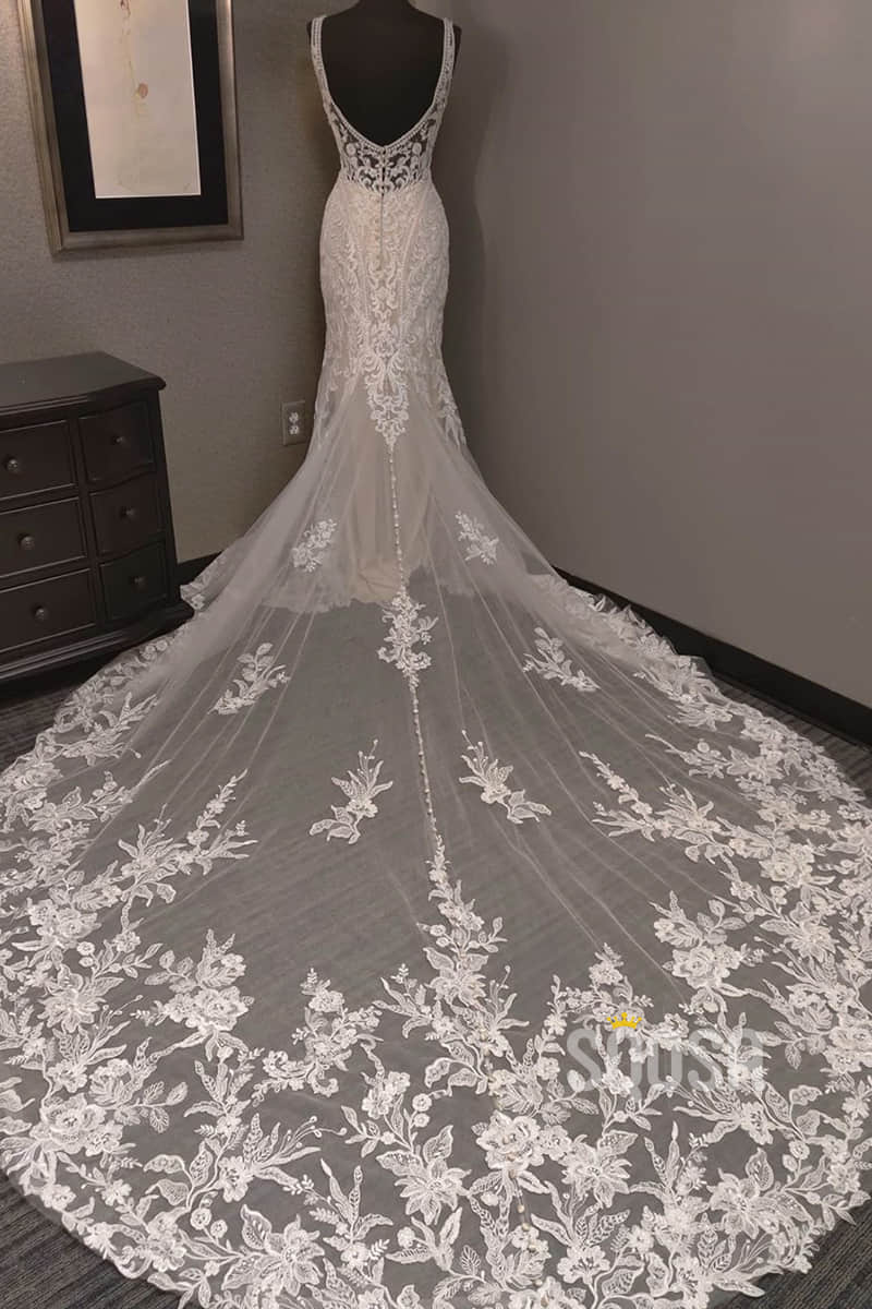 Unique V-neck Lace Appliques Beaded Mermaid/Trumpet Wedding Dress QW2173|SQOSA