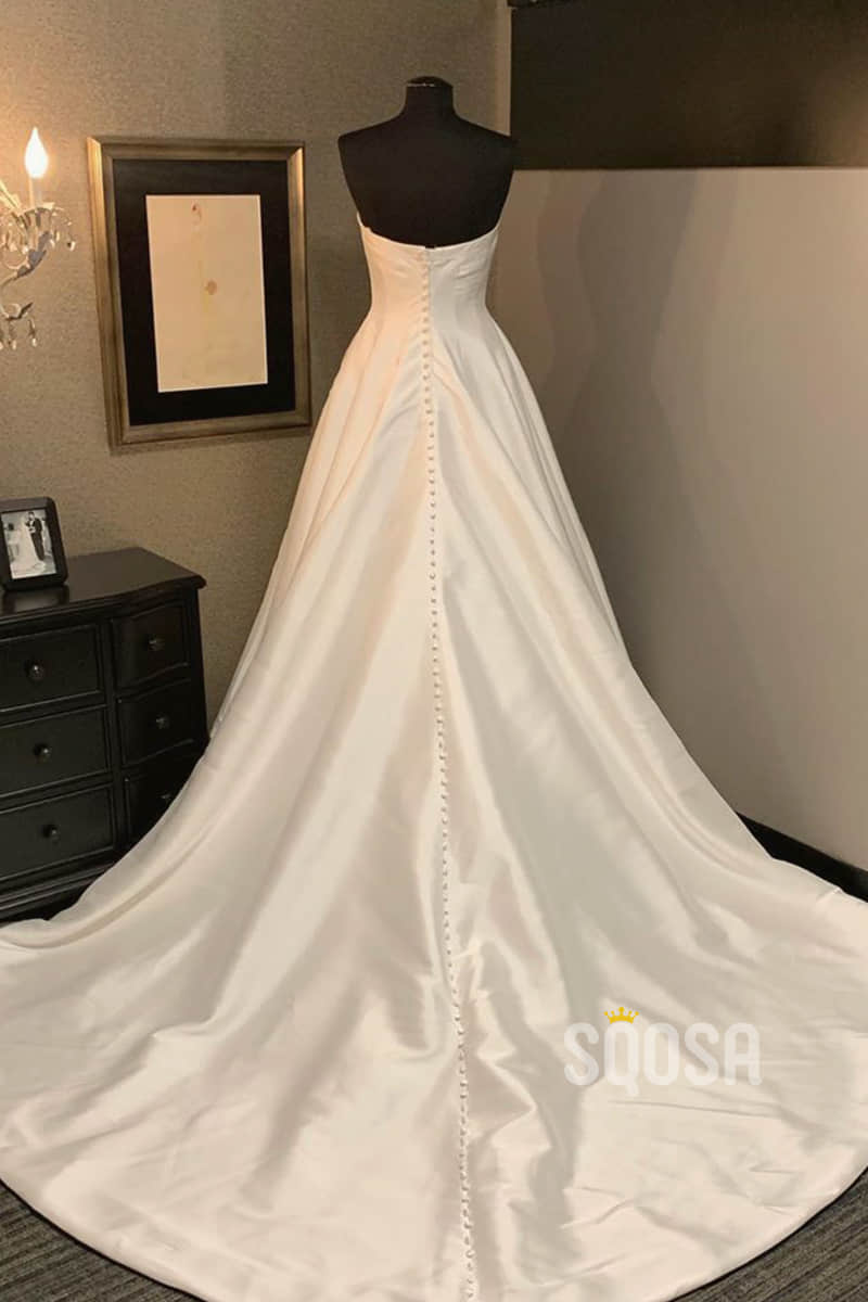 A-line Sweetheart Ivory Satin Rustic Wedding Dress Bridal Gown QW2215|SQOSA