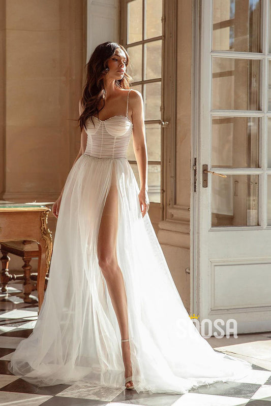 A Line Spaghetti Straps Sweetheart Pleats Bohemian Wedding Dress QW2132