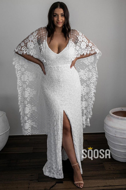 Unique Bat Sleeves V-neck Lace Bohemian Wedding Dress QW2694|SQOSA